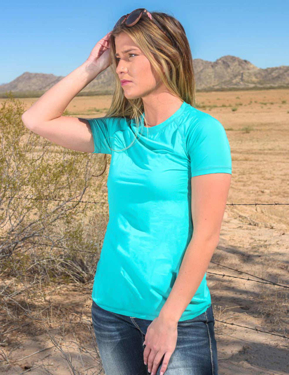 Cowgirl Tuff Ladies Breathe Instant Cooling UPF S/S Raglan Baseball Tee - Turquoise - 100580