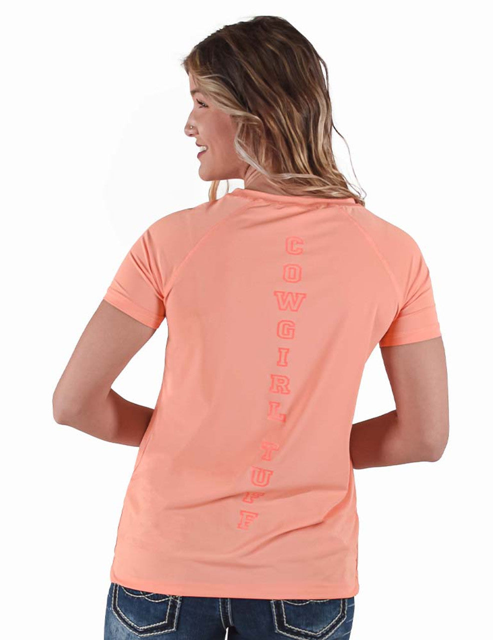 Cowgirl Tuff Ladies Breathe Instant Cooling UPF S/S Raglan Baseball Tee - Coral - 100583