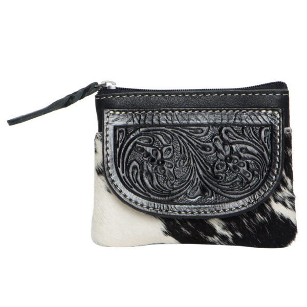 The Design Edge Tooling Leather Cowhide Zip Purse - Black and White Hairon - AC46