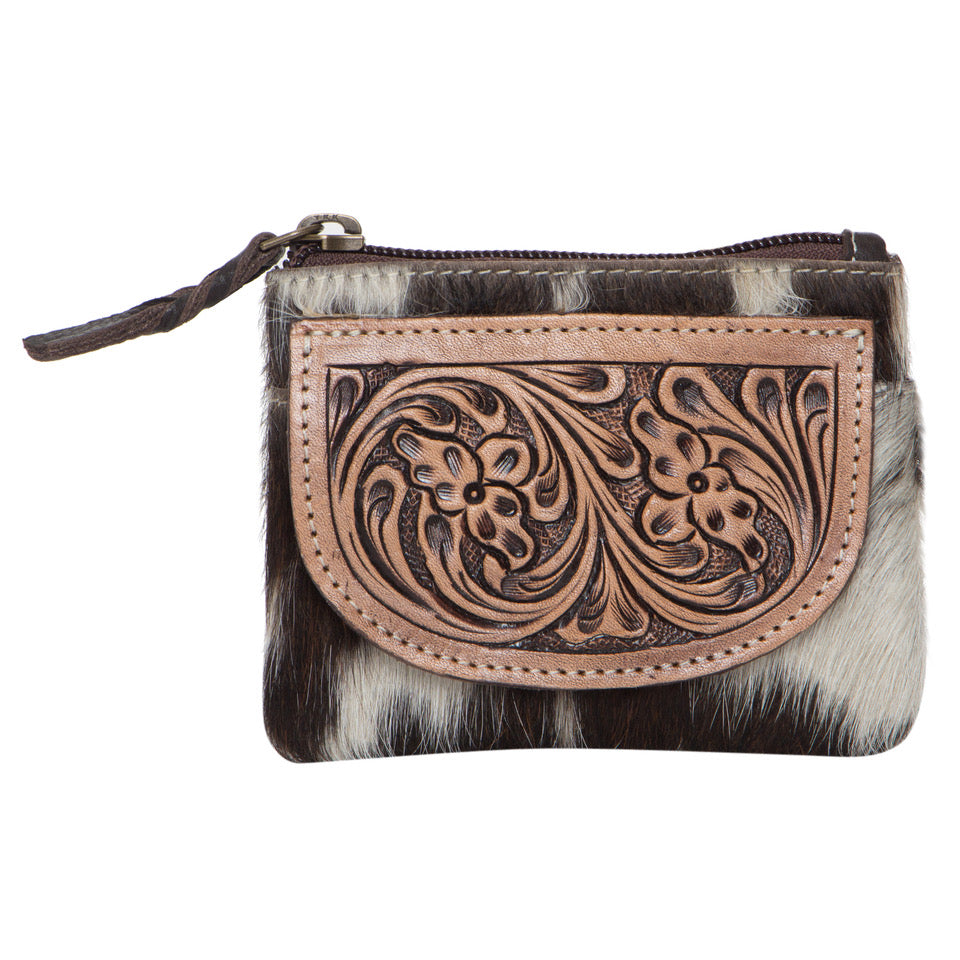 The Design Edge Tooling Leather Cowhide Zip Purse - Brown and White Hairon - AC46