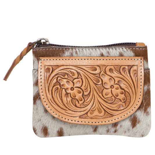 The Design Edge Tooling Leather Cowhide Zip Purse - Tan and White Hairon - AC46