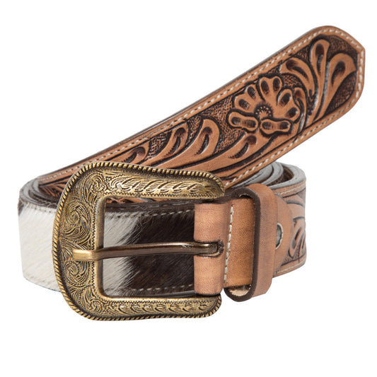 The Design Edge Ladies Tooling Leather Cowhide Belt - 06 - Brown and White