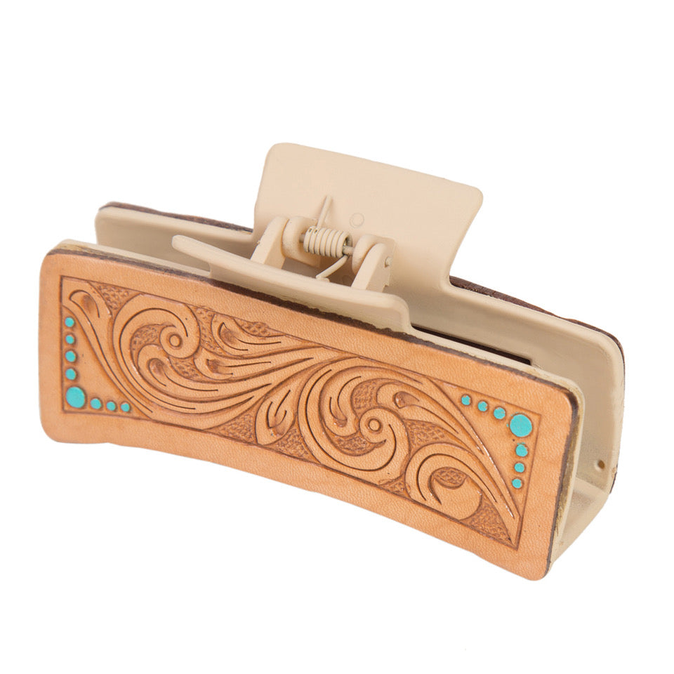 The Design Edge Tooling Leather Hair Clip - Tan Leather - CA12