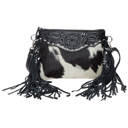 The Design Edge Curico Tooling Leather Cowhide Clutch Bag with Fringes –  Black and White - AB70