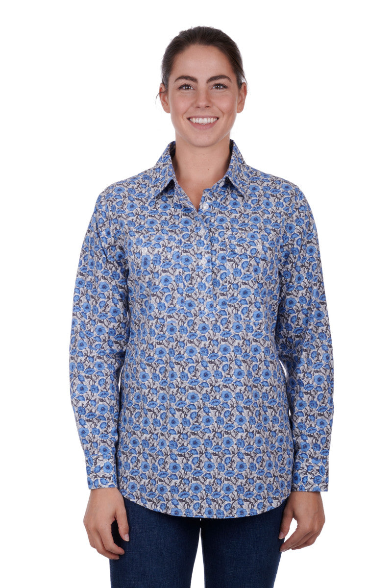 Hard Slog Ladies Shantelle Half Placket L/S Shirt - Blue - H3S2101149