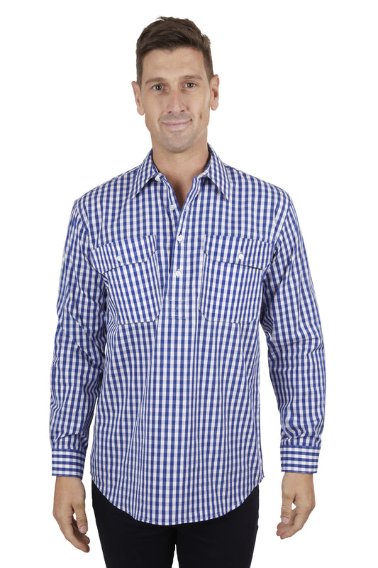 Hard Slog Mens Denny Half Placket L/S Shirt - Blue/White - H4S1101054