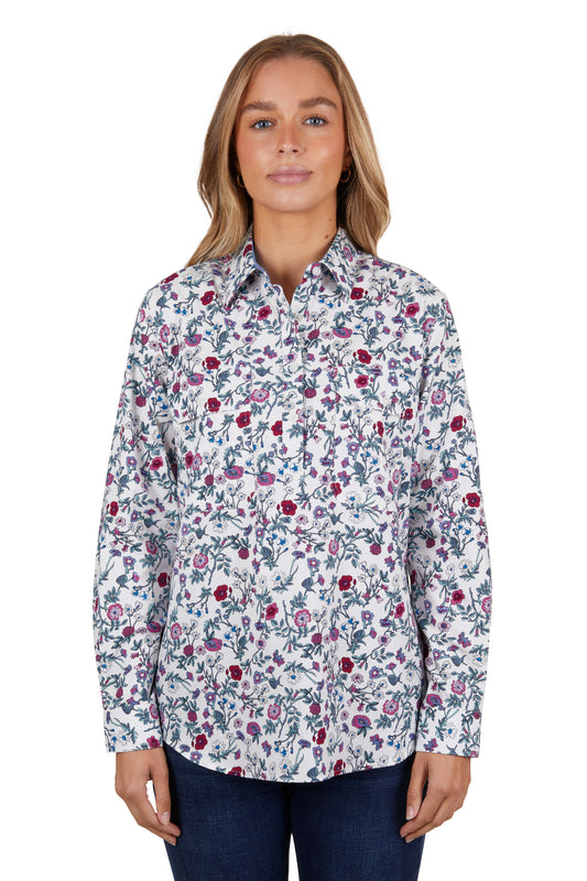 Hard Slog Ladies Clara Half Placket L/S Shirt - White - H4S2101043