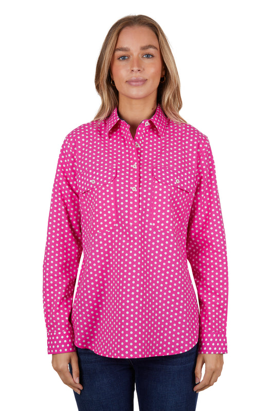 Hard Slog Ladies Kelly Half Placket L/S Shirt - Pink - H4S2101045