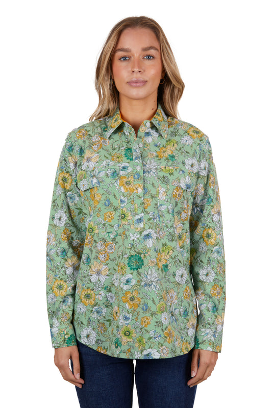 Hard Slog Ladies Tui Half Placket L/S Shirt - Green - H4S2101047