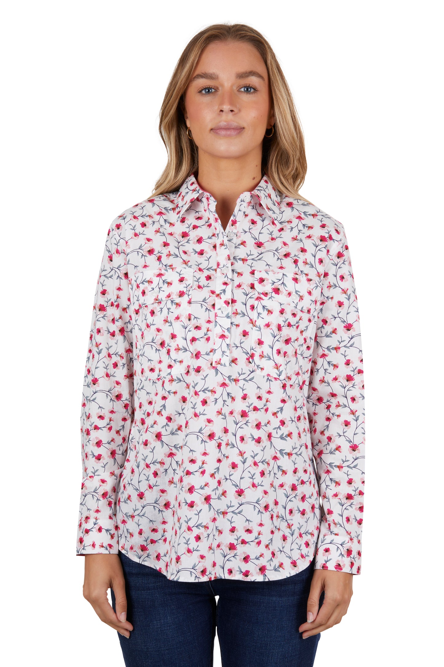 Hard Slog Ladies Pearl Half Placket L/S Shirt - White - H4S2101048