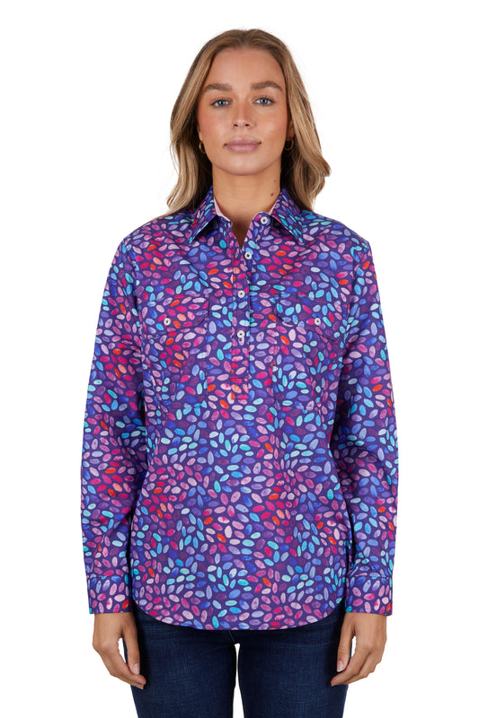 Hard Slog Ladies June Half Placket L/S Shirt - Navy - H4S2101049