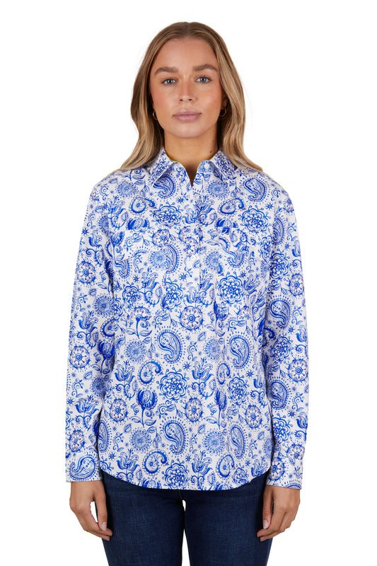 Hard Slog Ladies Natalie Half Placket L/S Shirt - Blue/White Paisley - H4S2101051