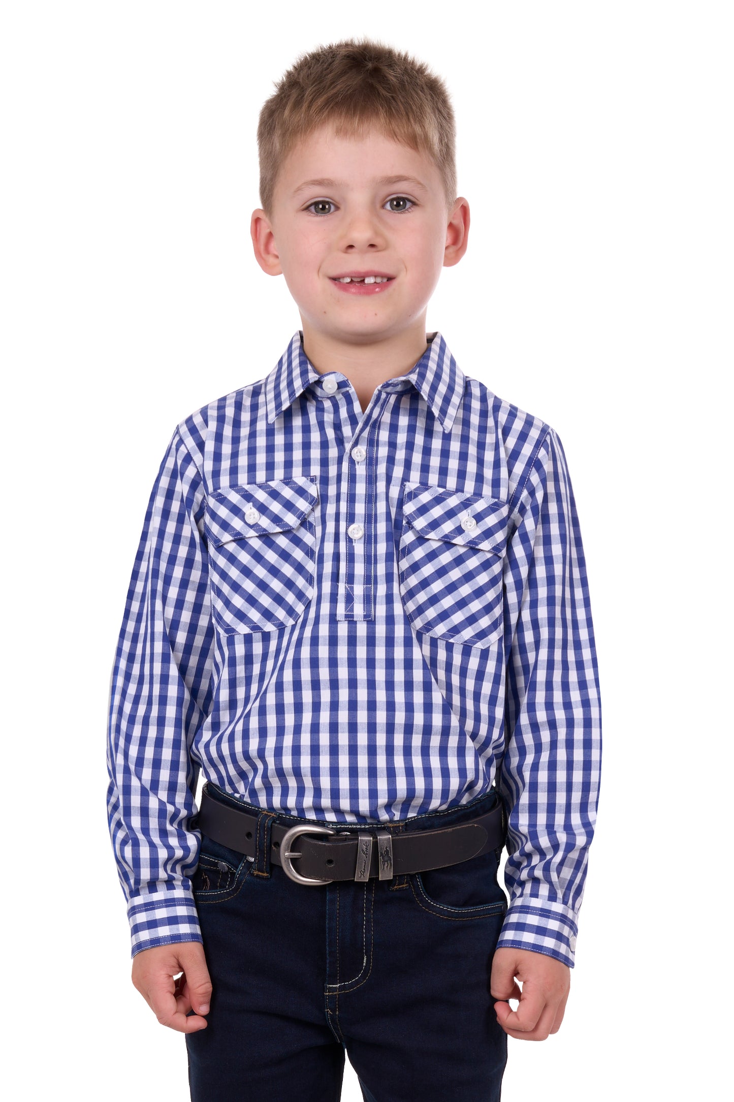 Hard Slog Kids Denny Half Placket L/S Shirt - Blue/White - H4S7101054