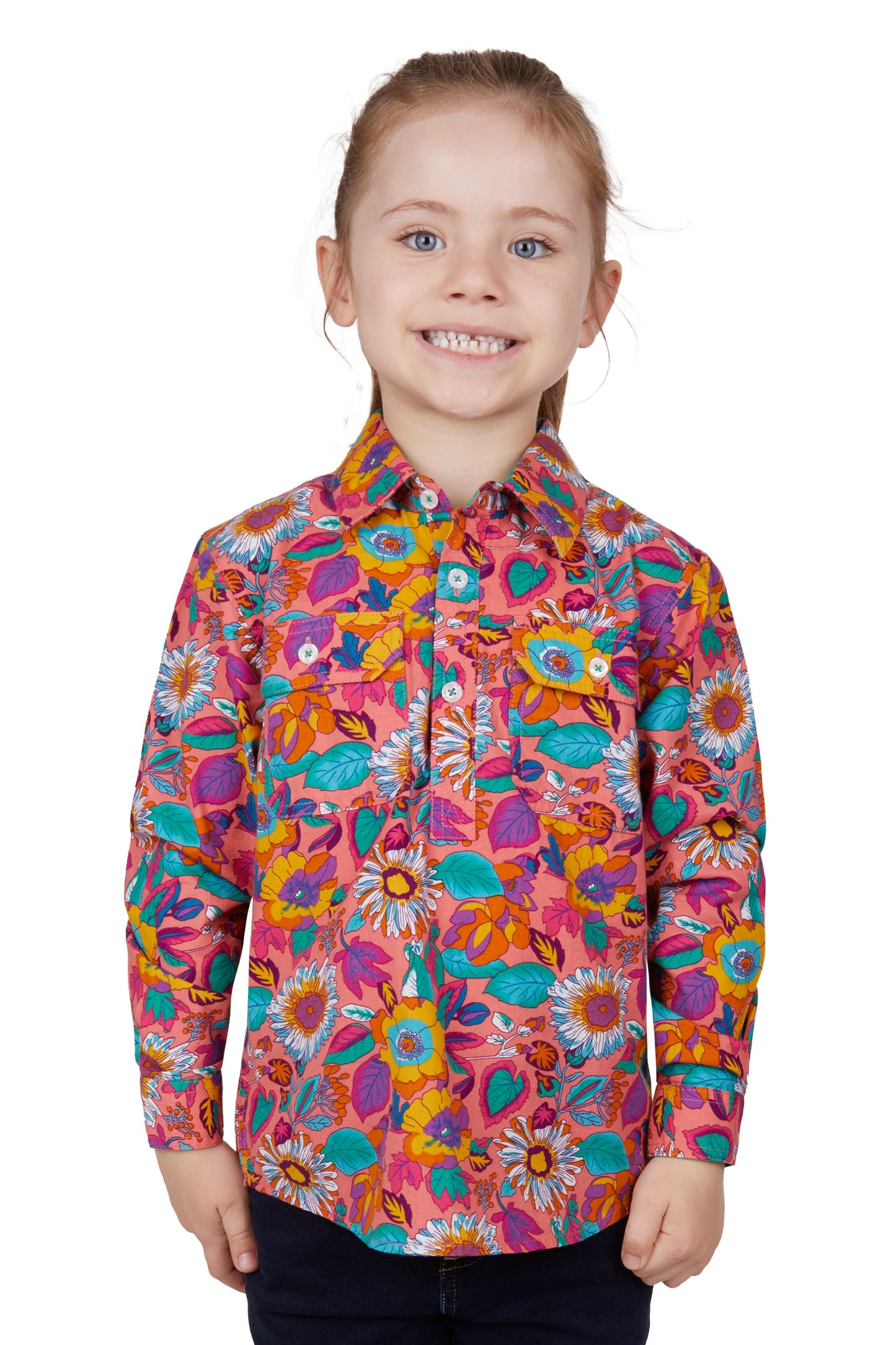 Hard Slog Kids Susie Half Placket L/S Shirt - Multi - H4W7101204