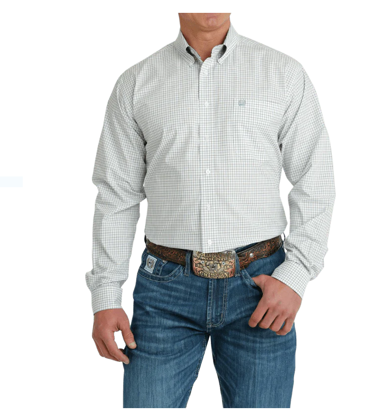 Cinch Mens Plaid L/S  Button Down Shirt - White - MTW1105701