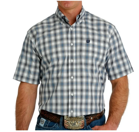 Cinch Mens Plaid Button Down Short Sleeved Shirt - White - MTW1111444