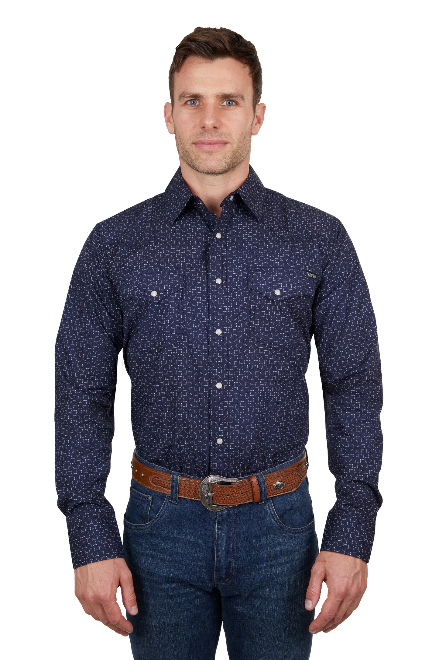 Pure Western Mens Jett Print Western L/S Shirt - Navy/White - P4S1100951