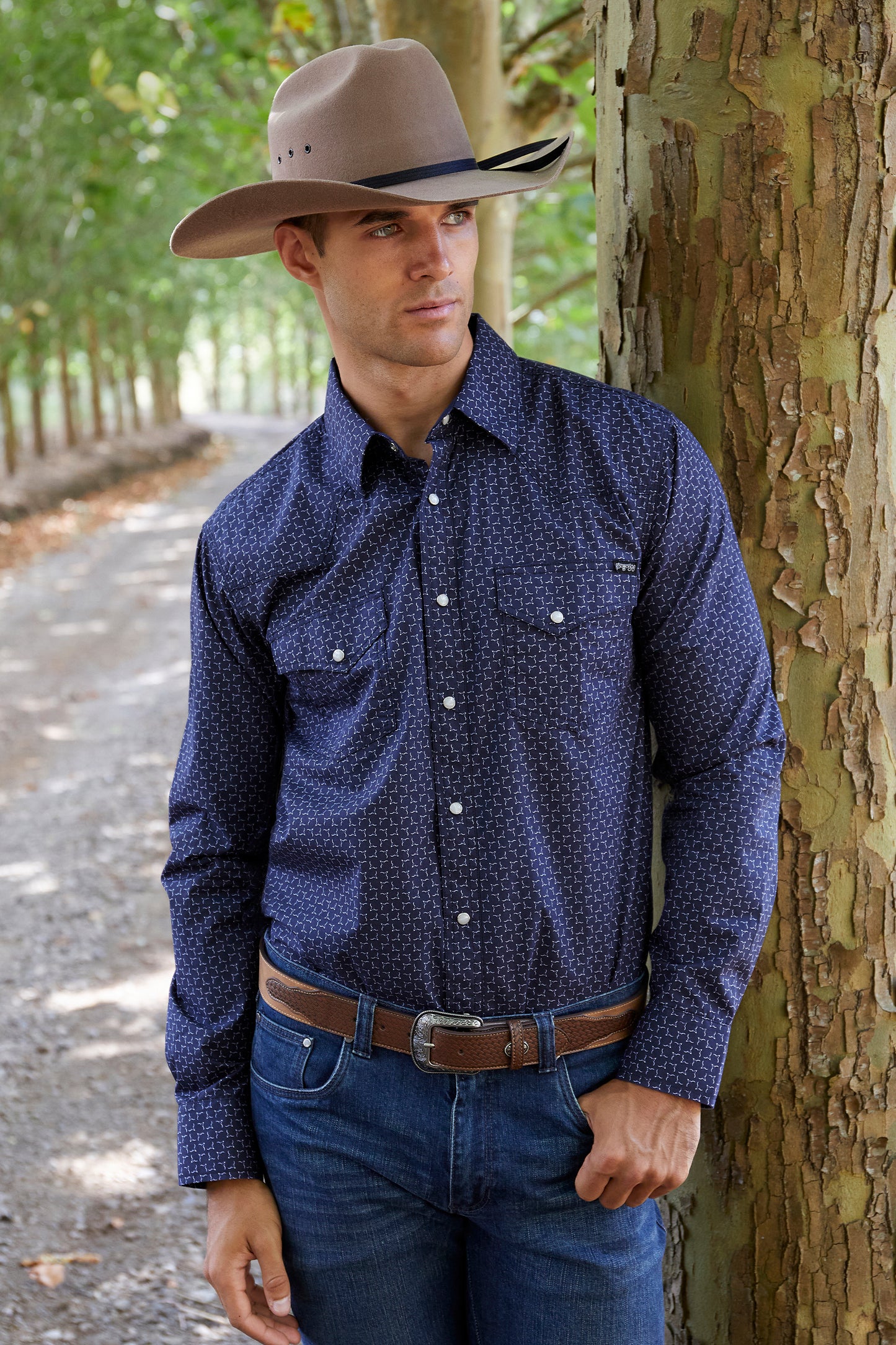 Pure Western Mens Jett Print Western L/S Shirt - Navy/White - P4S1100951