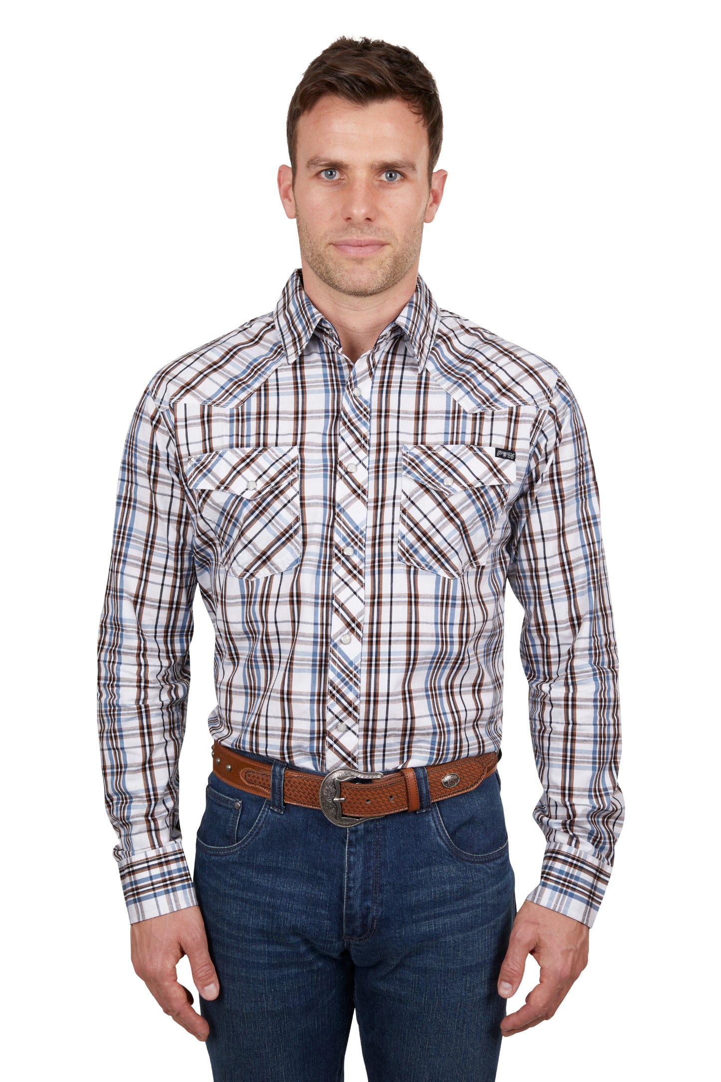 Pure Western Mens Evan Check  Western L/S Shirt - White/Tan - P4S1100952