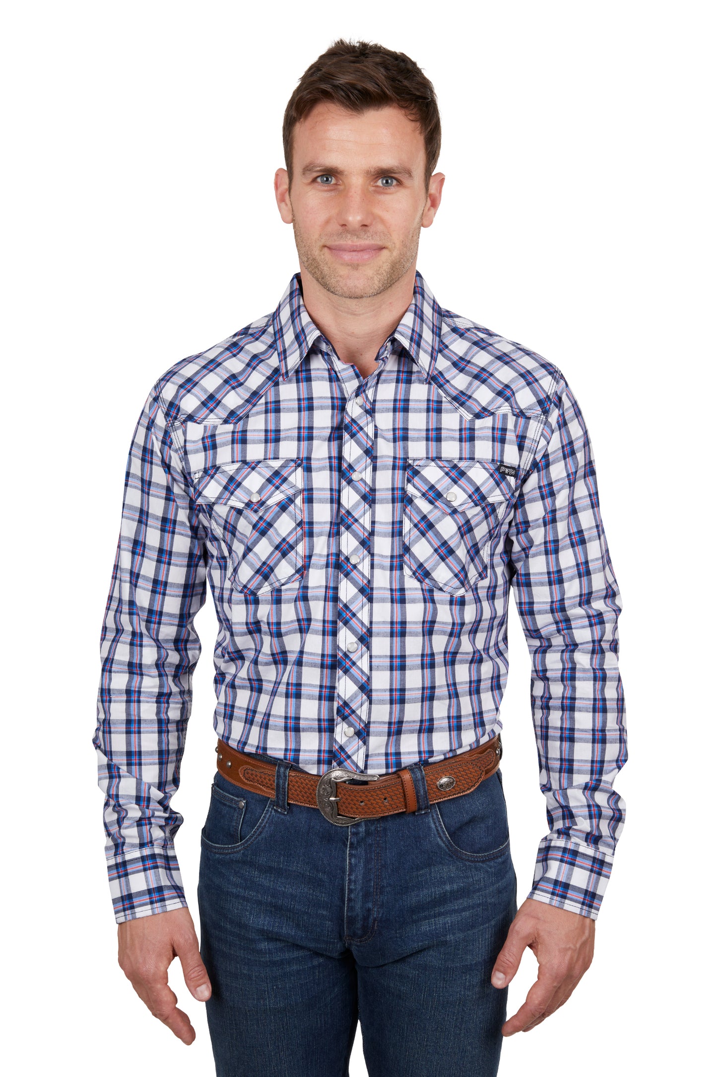 Pure Western Mens Alec Check Western L/S Shirt - Navy/White/Red - P4S1100954