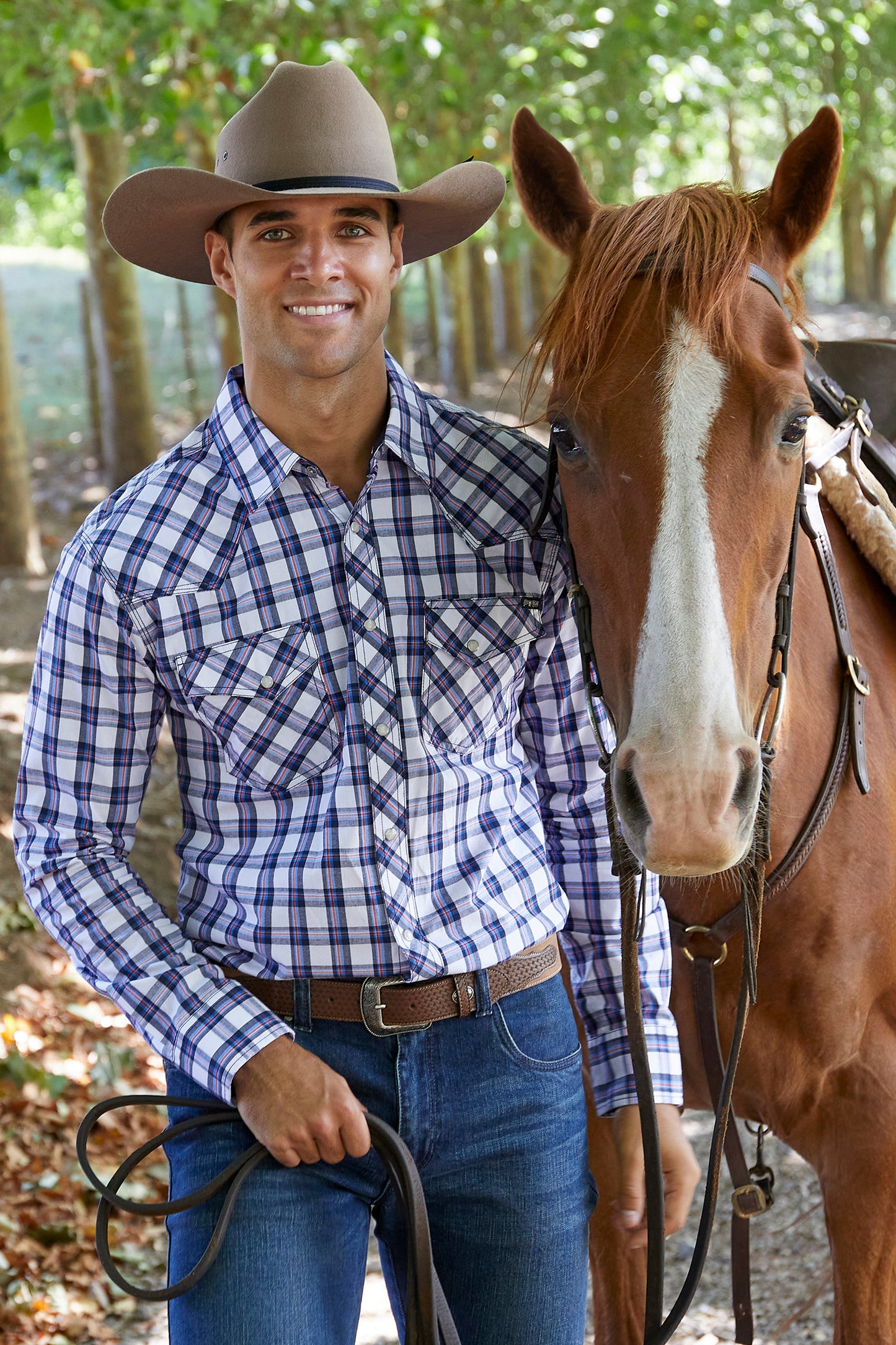 Pure Western Mens Alec Check Western L/S Shirt - Navy/White/Red - P4S1100954