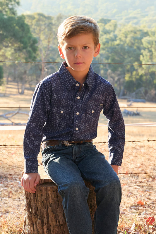 Pure Western Boys Jett Print Western L/S Shirt - Navy/White - P4S3100951