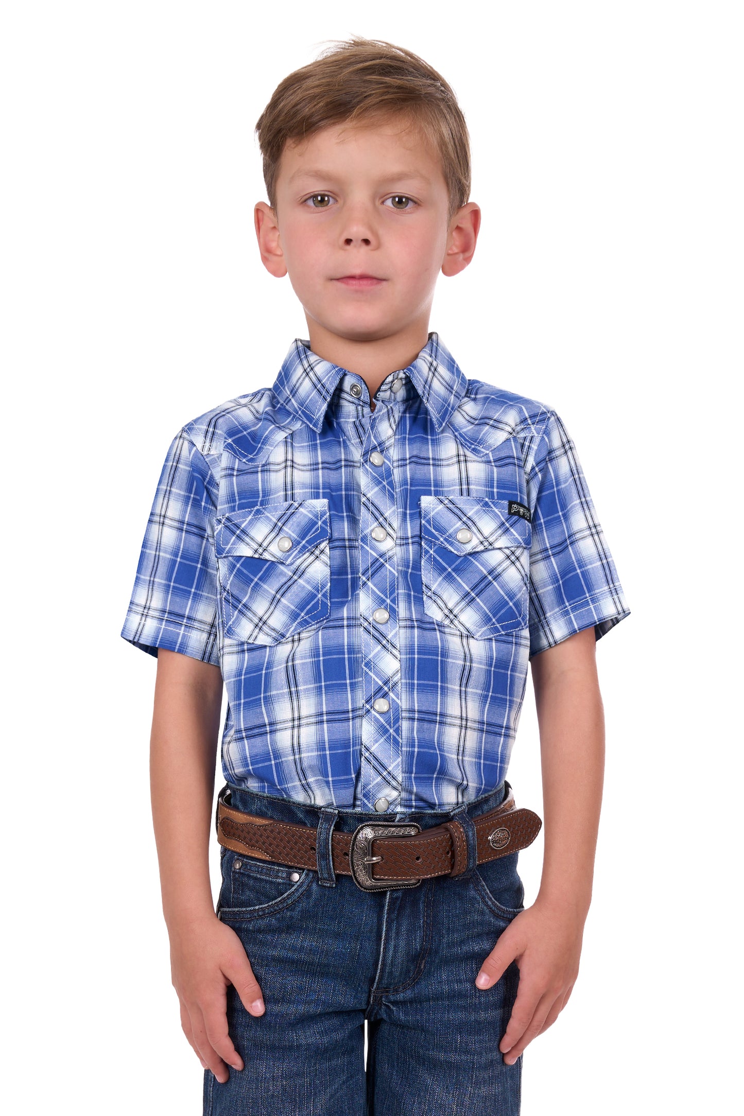 Pure Western Boys Mark Check Western S/S Shirt - Royal - P4S3103958