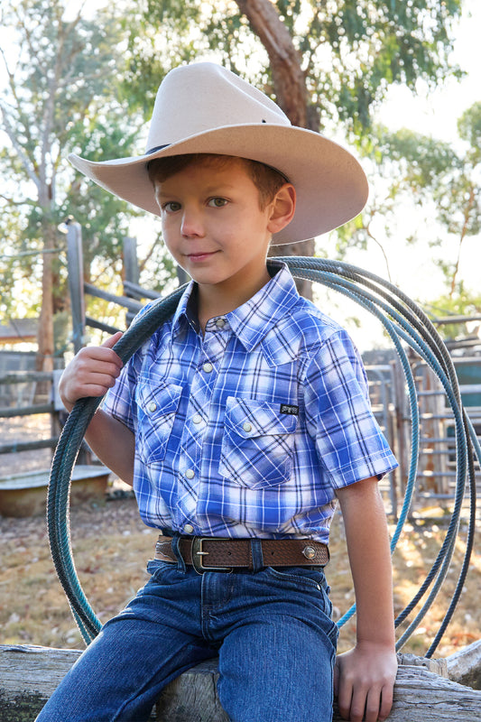 Pure Western Boys Mark Check Western S/S Shirt - Royal - P4S3103958