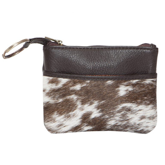 The Design Edge Peru Card and Change Cowhide Purse with Keyring - Brown and White