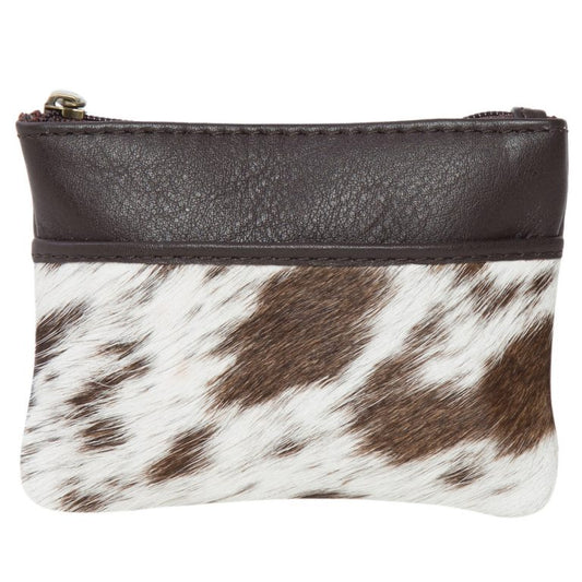 The Design Edge Peru Card and Change Cowhide Purse with Keyring - Dark Brown and White