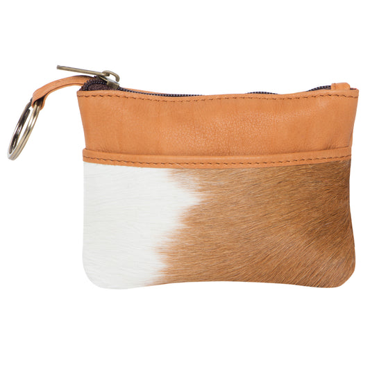 The Design Edge Peru Card and Change Cowhide Purse with Keyring - Tan and White