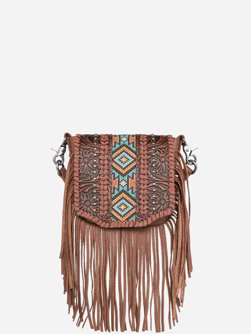 Large Boho Hide & Leather Turquoise Fringe Purse with Tooled Strap