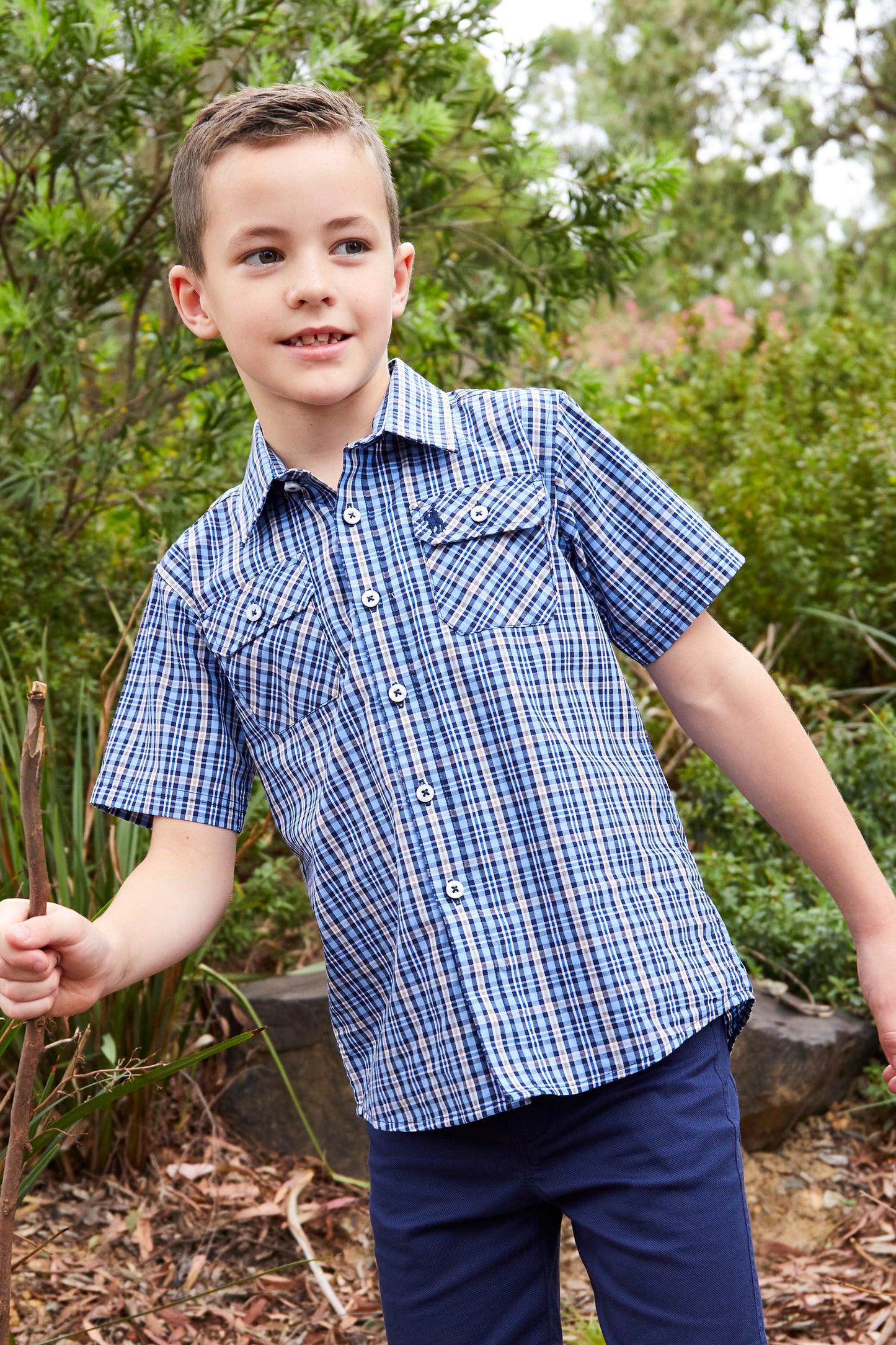 Thomas Cook Boys Gus Check 2-Pocket S/S Shirt - Navy/Tan - T4S3142041