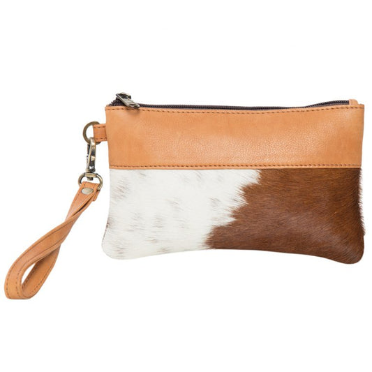 The Design Edge Wales Handy Cowhide Clutch - Tan and White Hairon - 71016 - Tan Leather