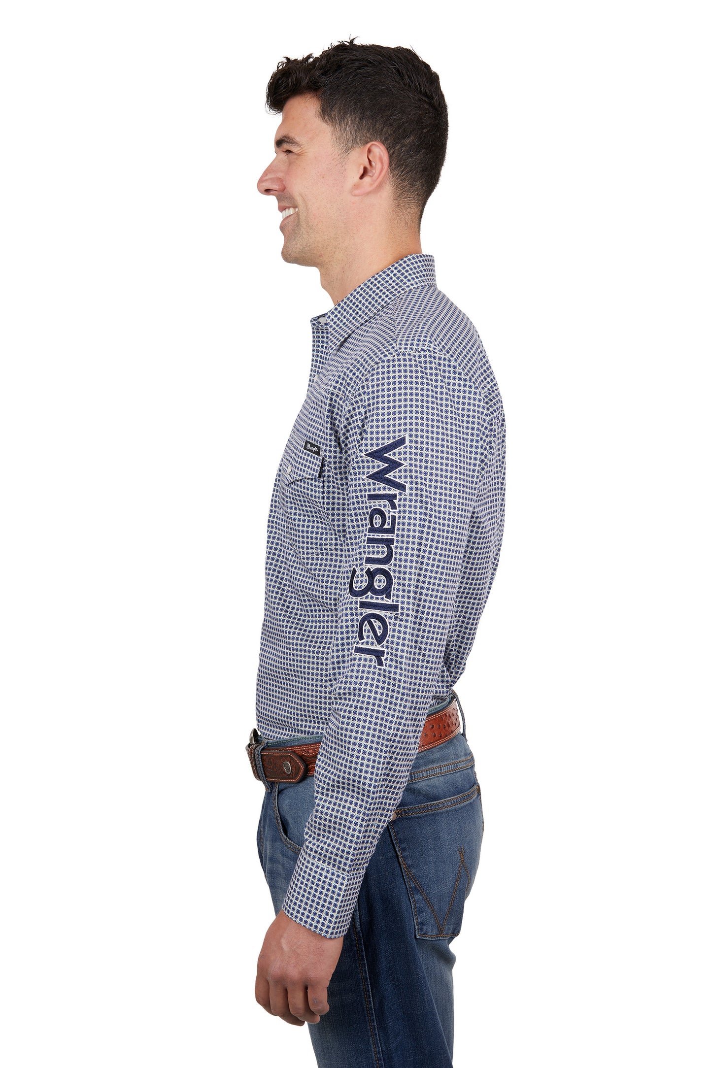 Wrangler Mens Peter Print Logo Western Long Sleeved Shirt - Navy/Tan - X4S1111151