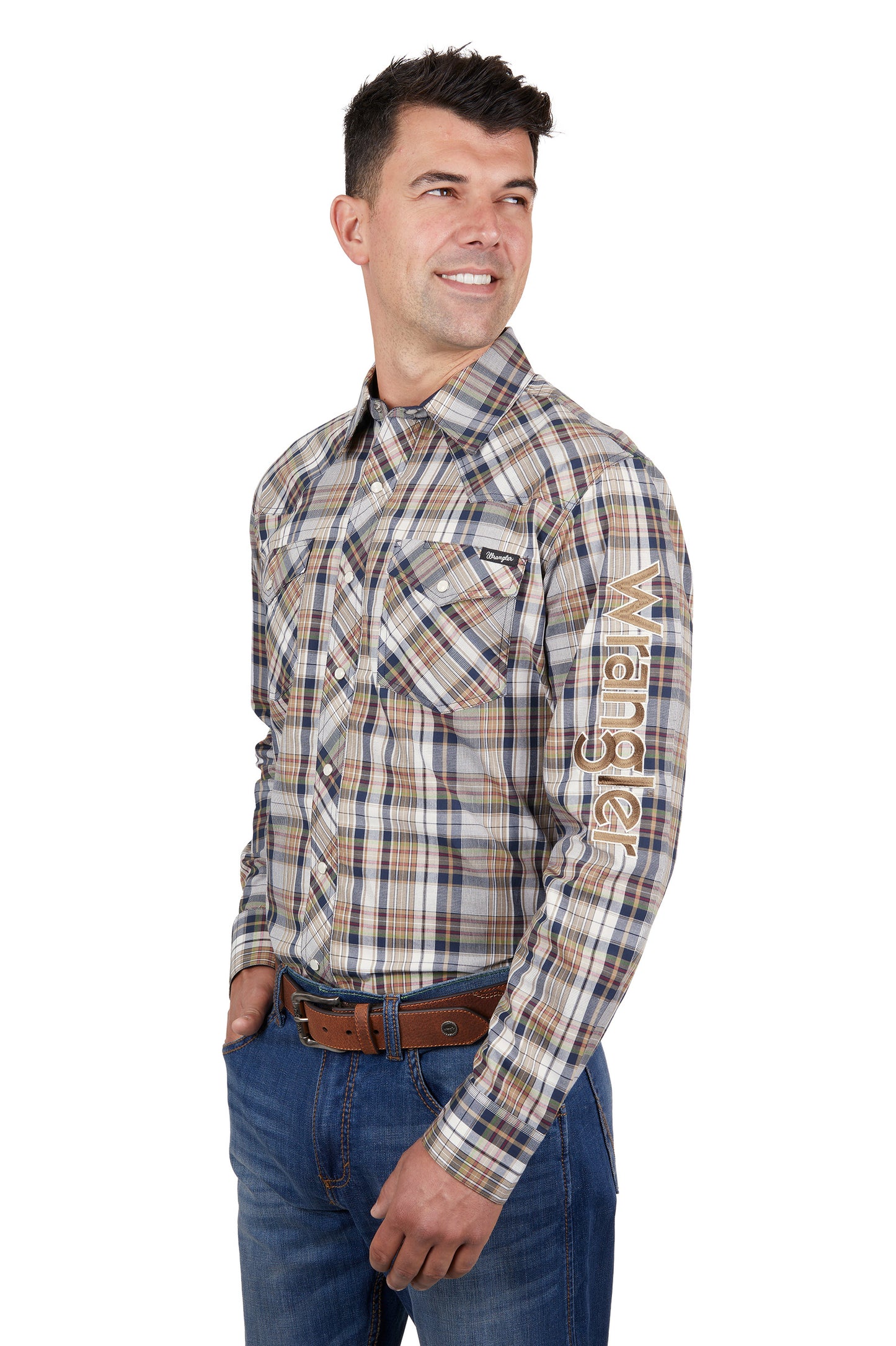 Wrangler Mens Tom Check Logo Western Long Sleeved Shirt - Navy/Tan - X4S1111153