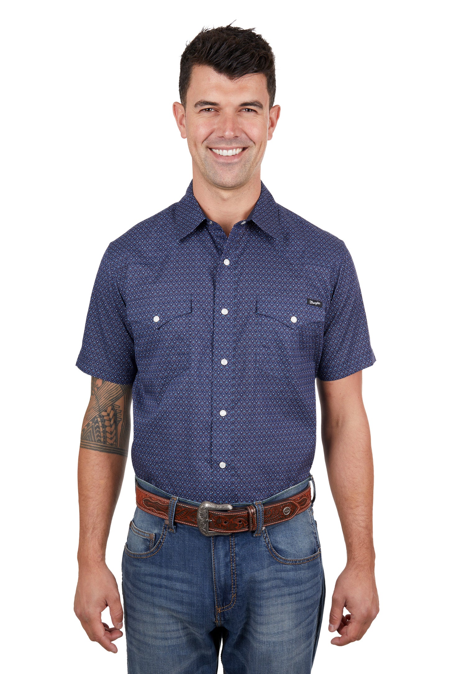 Wrangler Mens Matt Print Western Short Sleeved Shirt - Navy/Blue - X4S1117160