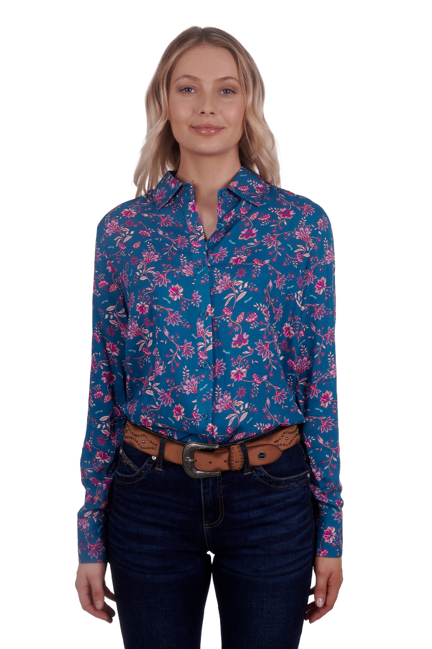 Wrangler Ladies Liah L/S Shirt - Teal/Pink - X4W2126059