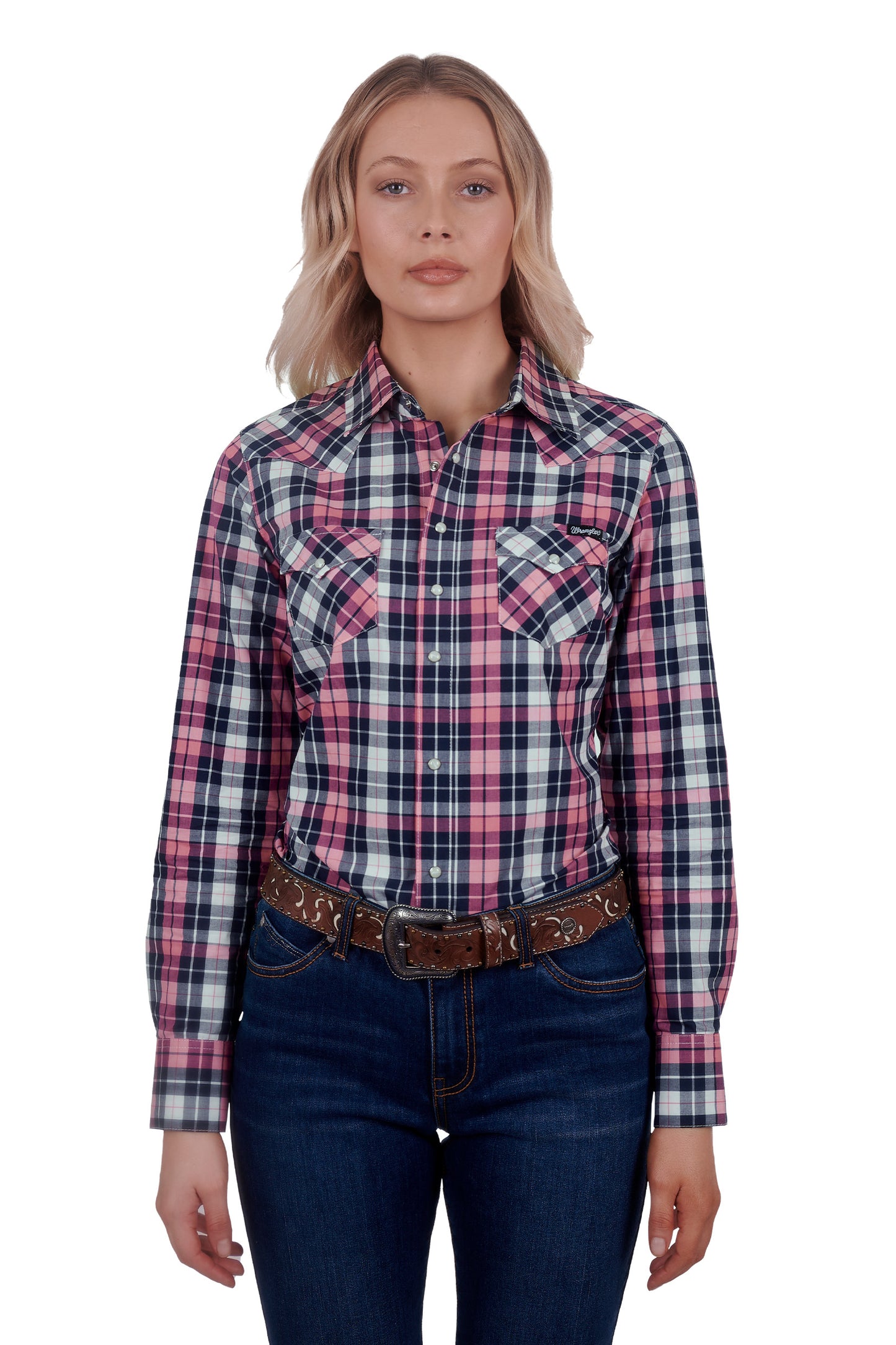 Wrangler Ladies Greta L/S Western Check Shirt - Pink/Navy - X4W2127052 - ON SALE