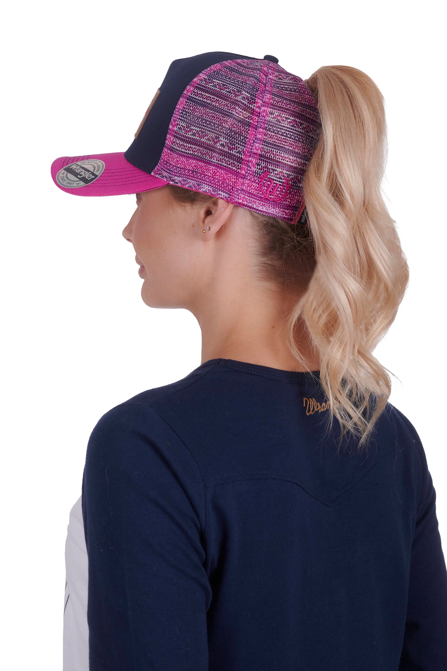 Wrangler Pheobe High Profile Ponytail Trucker Cap - Navy/Pink - X4W2996CAP