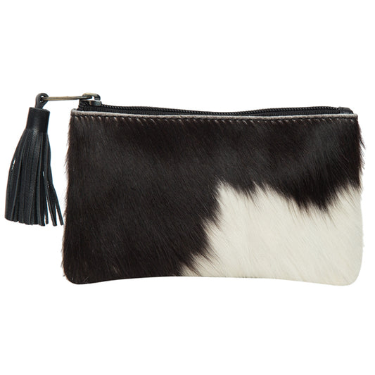 The Design Edge York Black and White Hairon with Black Leather Tassel Cowhide Clutch