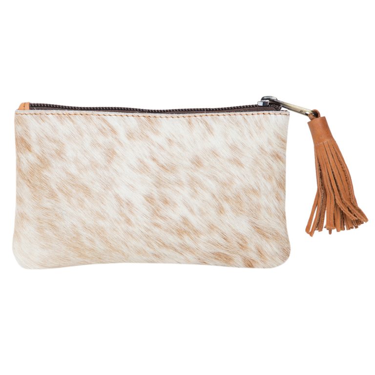 The Design Edge York Tan and White Hairon with Tan Leather Tassel Cowhide Clutch