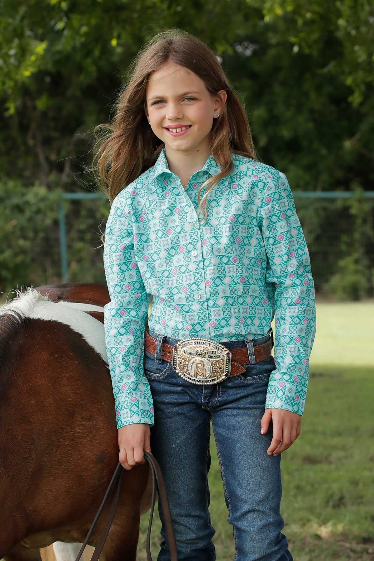 Cruel Girl Girls Geometric Print Button Down Western Shirt - Turquoise - CTW3380004