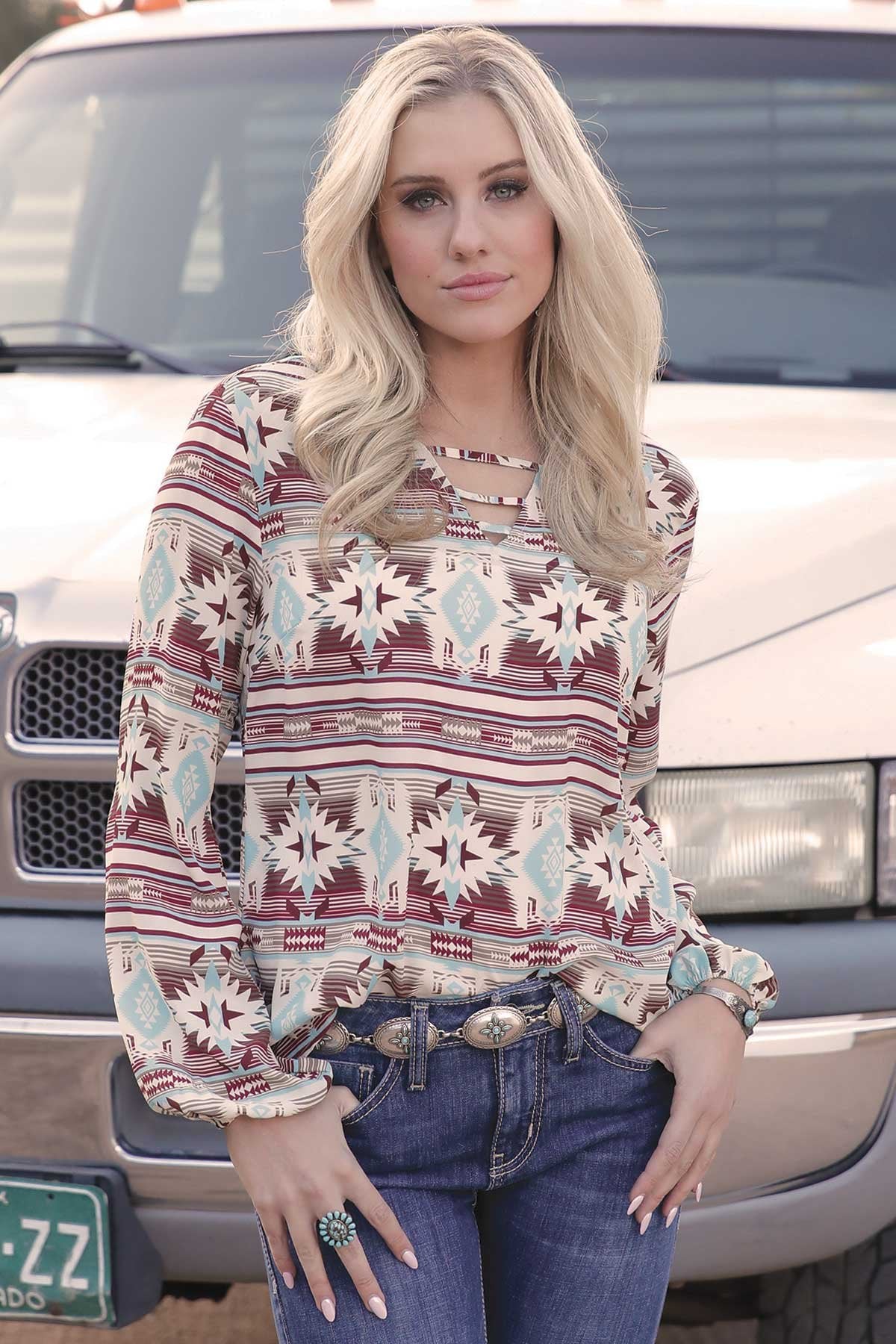 Cruel Denim Ladies Southwest Print Blouse - Cream - CTW7301005