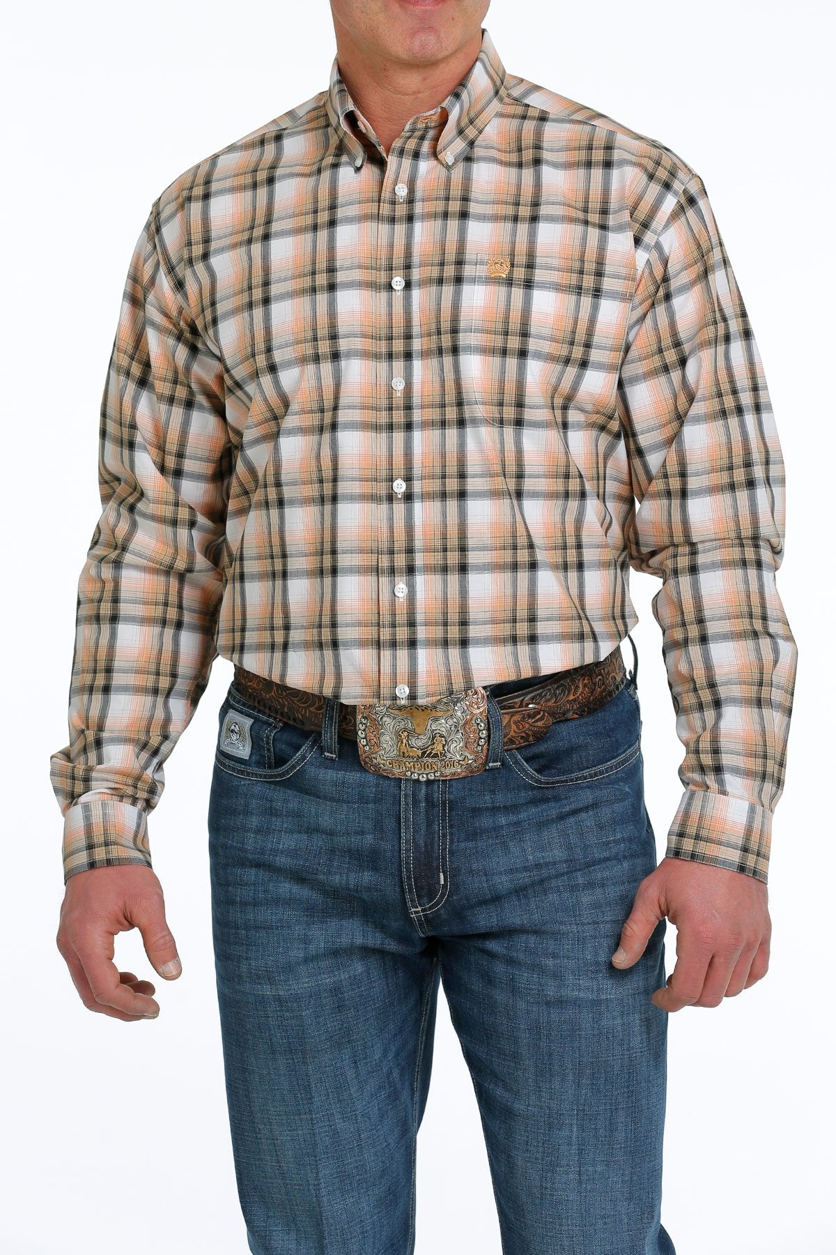 Cinch Mens Plaid Buttoned Down Western L/S Shirt - White/Orange/Khaki - MTW1105533