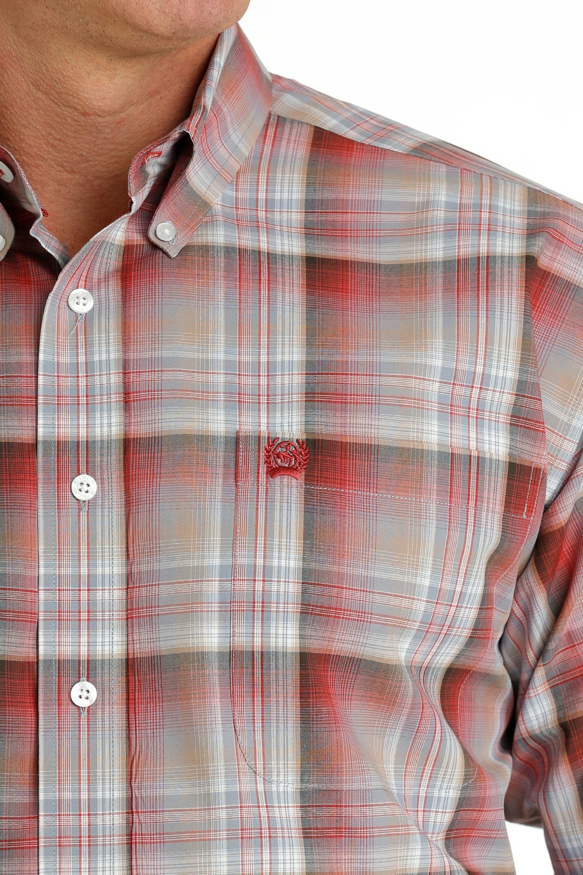 Cinch Mens Plaid Button Down Shirt - Red/Khaki/Brown - MTW1105652