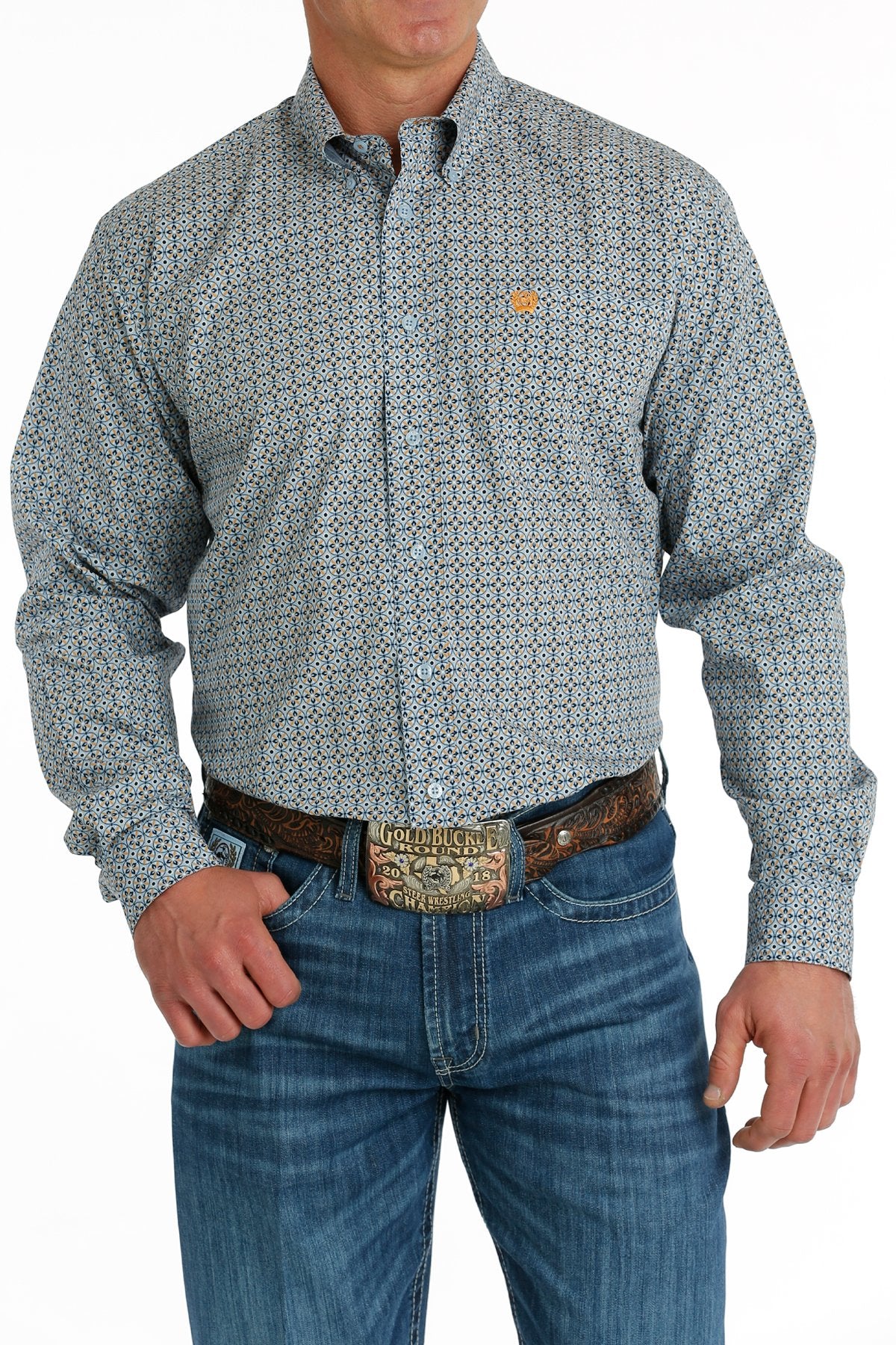 Cinch Mens Geometric Print L/S  Button Down Shirt - Light Blue/Navy/Orange - MTW1105690