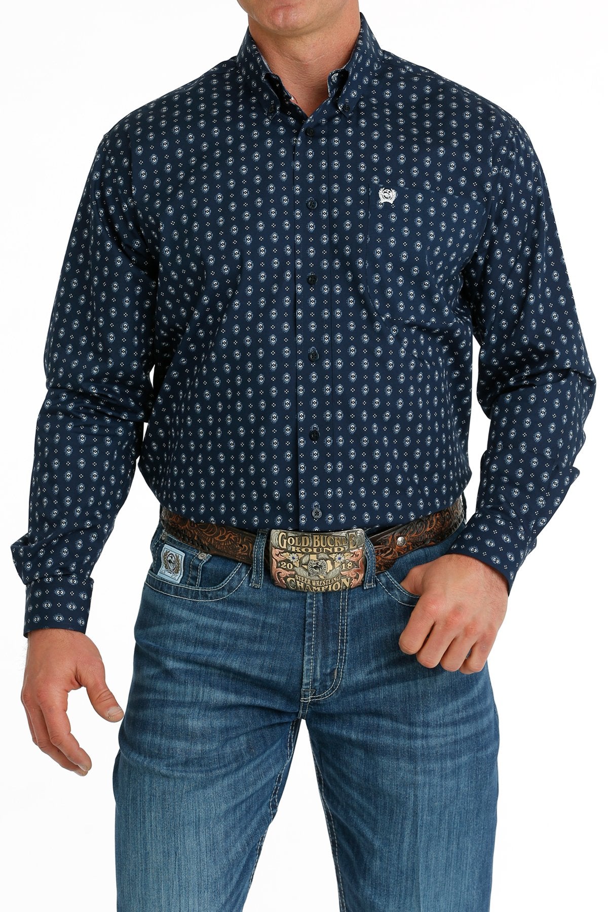 Cinch Mens Geometric Print L/S  Button Down Shirt - Navy - MTW1105695