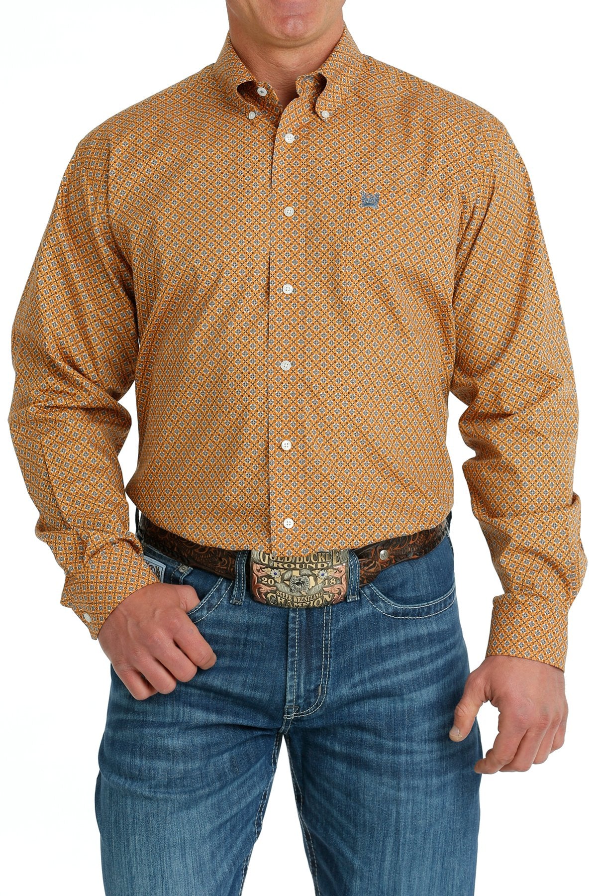 Cinch Mens Geometric Print L/S  Button Down Shirt - Orange/Blue - MTW1105700