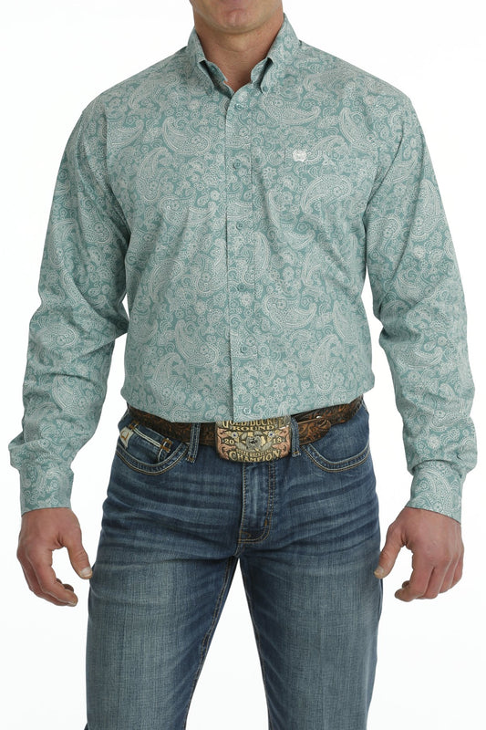 Cinch Mens Paisley Print L/S  Button Down Shirt - Turquoise/White - MTW1105704